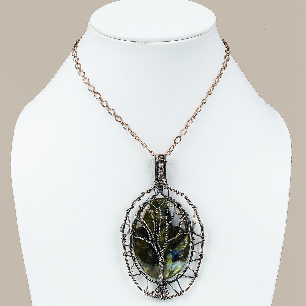 Labradorite Gemstone Copper Wire Wrap Tree Of Life Pendant 3.86"