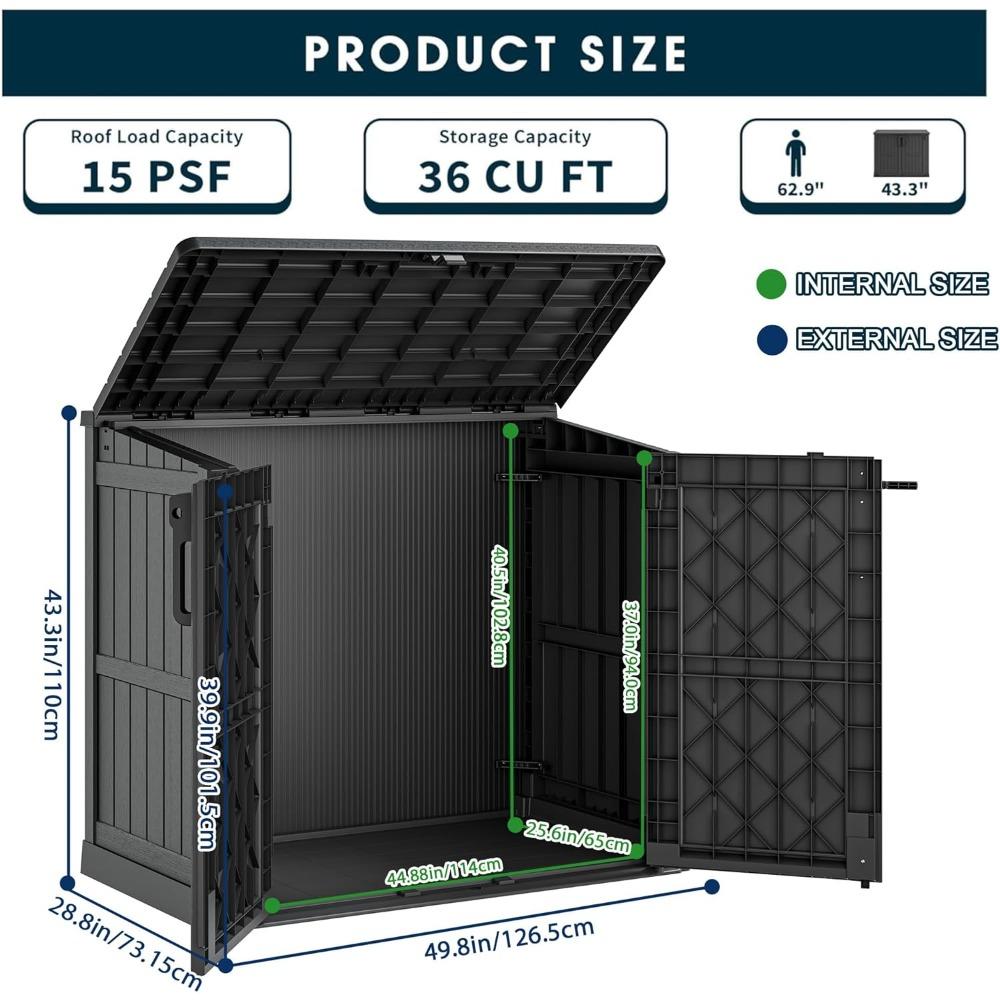Large Outdoor Resin Storage Shed 36 Cubic Feet Garden Horizontal Storage Box Weather Resistant Extra Capacity