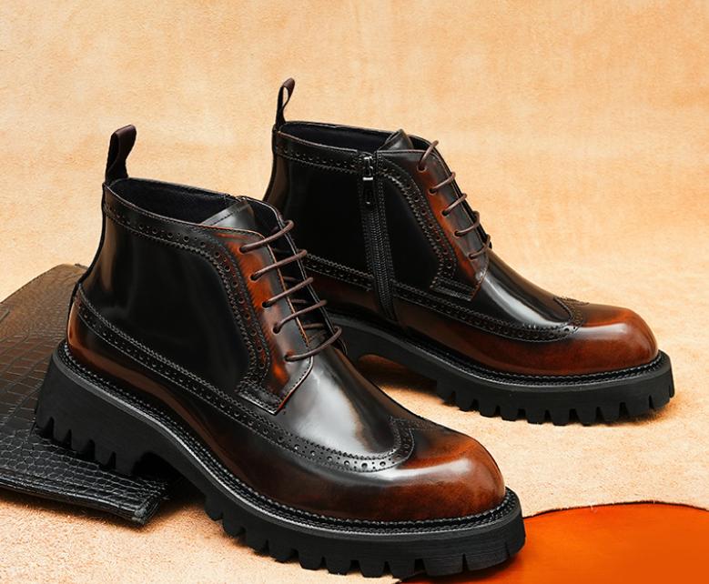 Genuine Leather Thick Soles High-Top Brogue Oxford Dress Shoes For Men Ankle Business Chelsea Boots