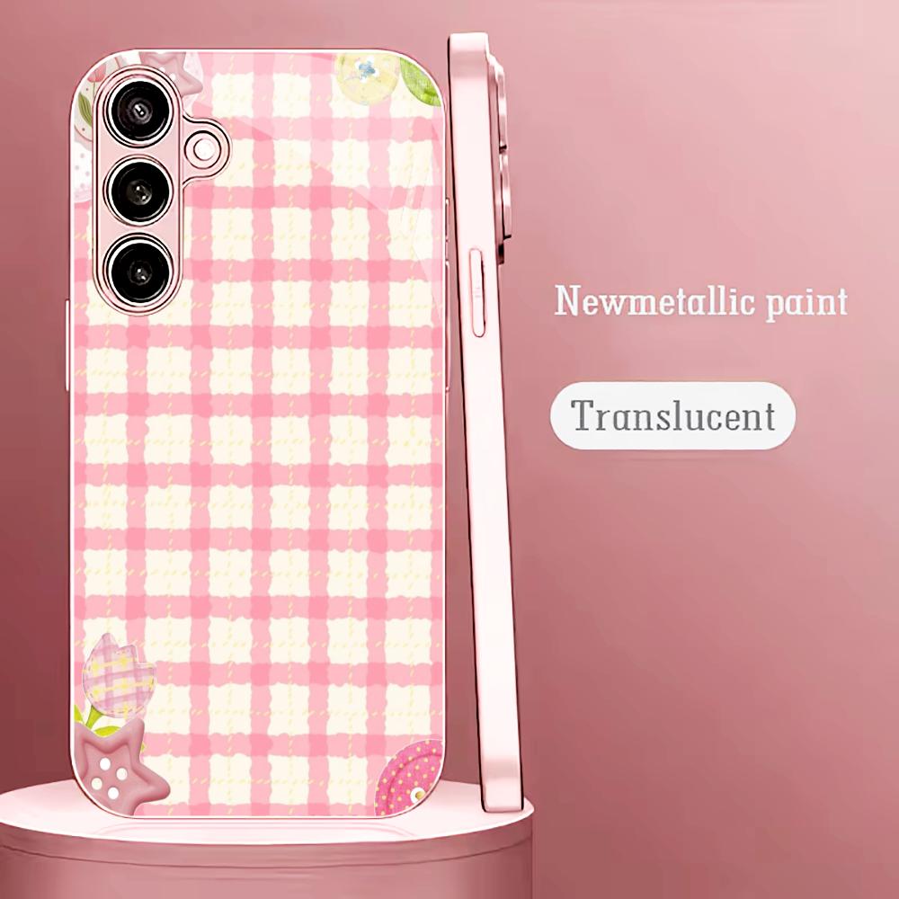 New Cute girl plaid PhoneCase for Samsung Galaxy S26 S25 S24 S23 S22 FE Ultra Plus Built-in glass feel bare machine Men women