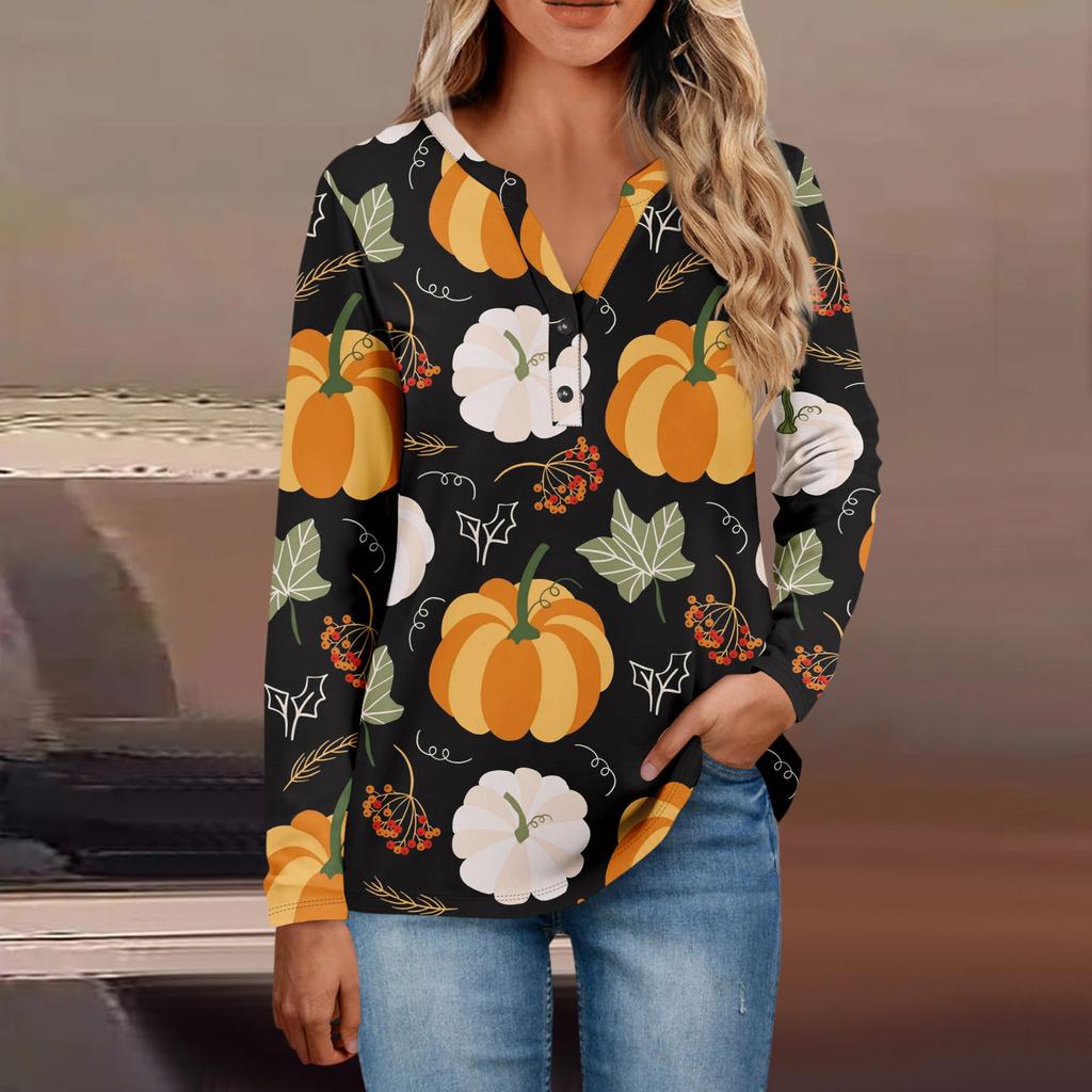 Damen-Oberteile mit Knopfleiste, lässige Oberteile für jeden Tag, langärmelig, V-Ausschnitt, modisches Print-Shirt, Tops, T-Shirt mit Tasche, Sweatshirts