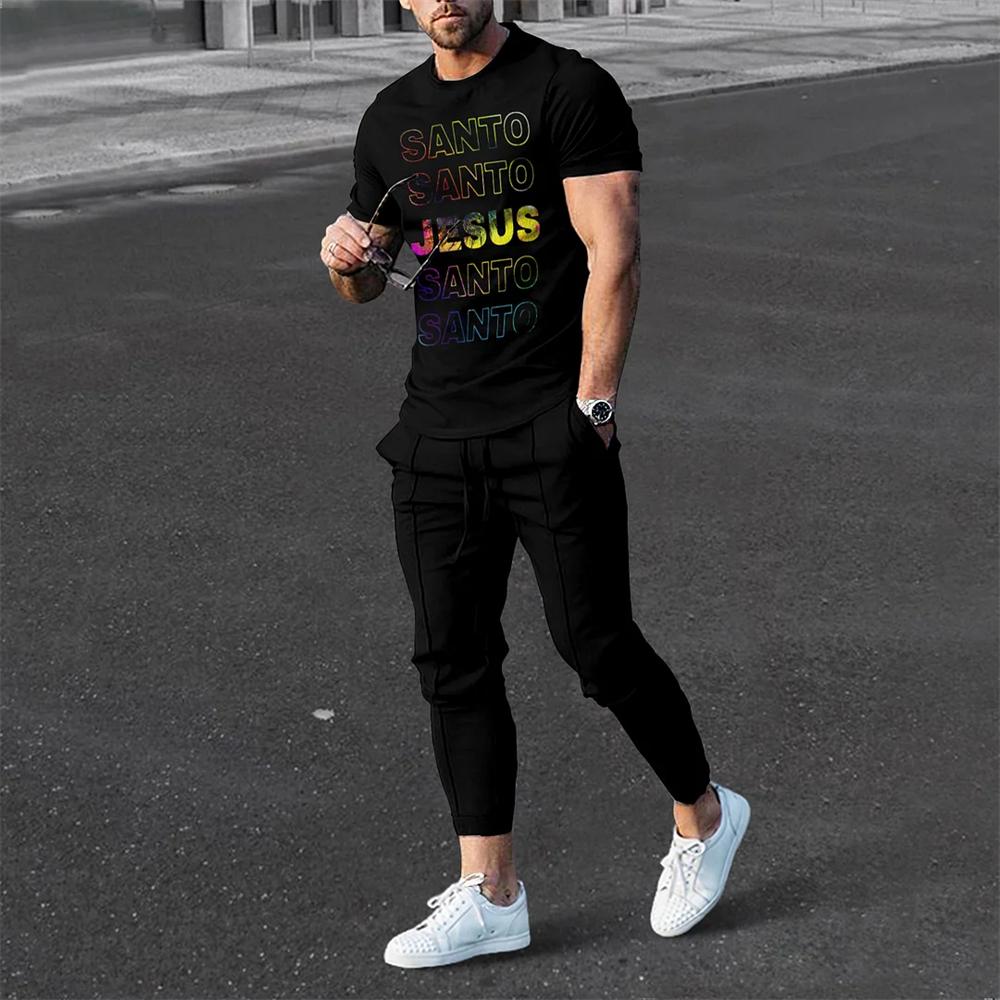 Men's Trousers Tracksuit 2 Piece Set Fashion Sportswear Summer Streetwear Short Sleeve T Shirt+Long Pants Male Clothing