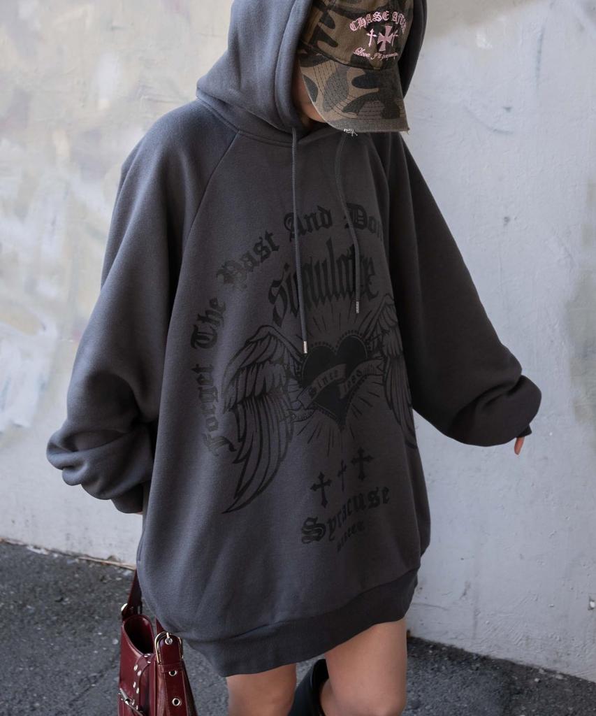 WEGO Wing Heart BIG Korean Oversized Perfect for and Size Dark Gray Women's Hoodie/Sweatshirt, Streetwear, Casual, Silhouette, Spring, Summer, Autumn,