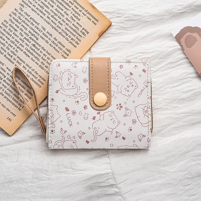 Милый кошелек для монет из ПУ кожи с кошкой, женский модный короткий складной кошелек на молнии, держатель для ID-карт, дорожные легкие сумки для наличных и монет коричневый