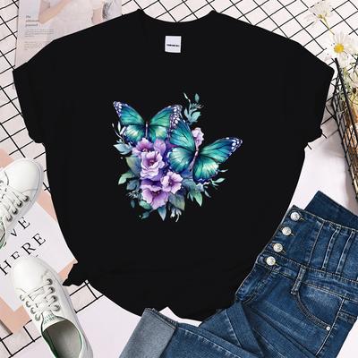 (Premium T-Shirt)Lustige T-Shirts mit Blumen-Schmetterlings-Print für Damen Sommer Rundhals T-Shirt Femme Mode Lässige T-Shirts