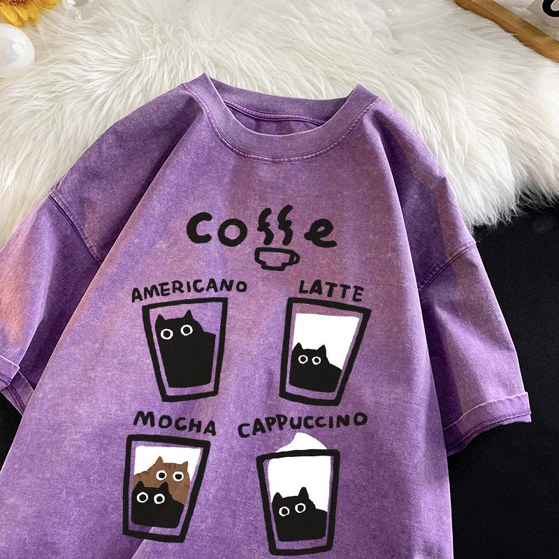 Amerikansk Retro Trendig Katt Bomulls-T-shirt Män Kvinnor Sommar Lös Par Kortärmad Toppar Harajuku Y2k Vintage Vattentvättad T-shirt