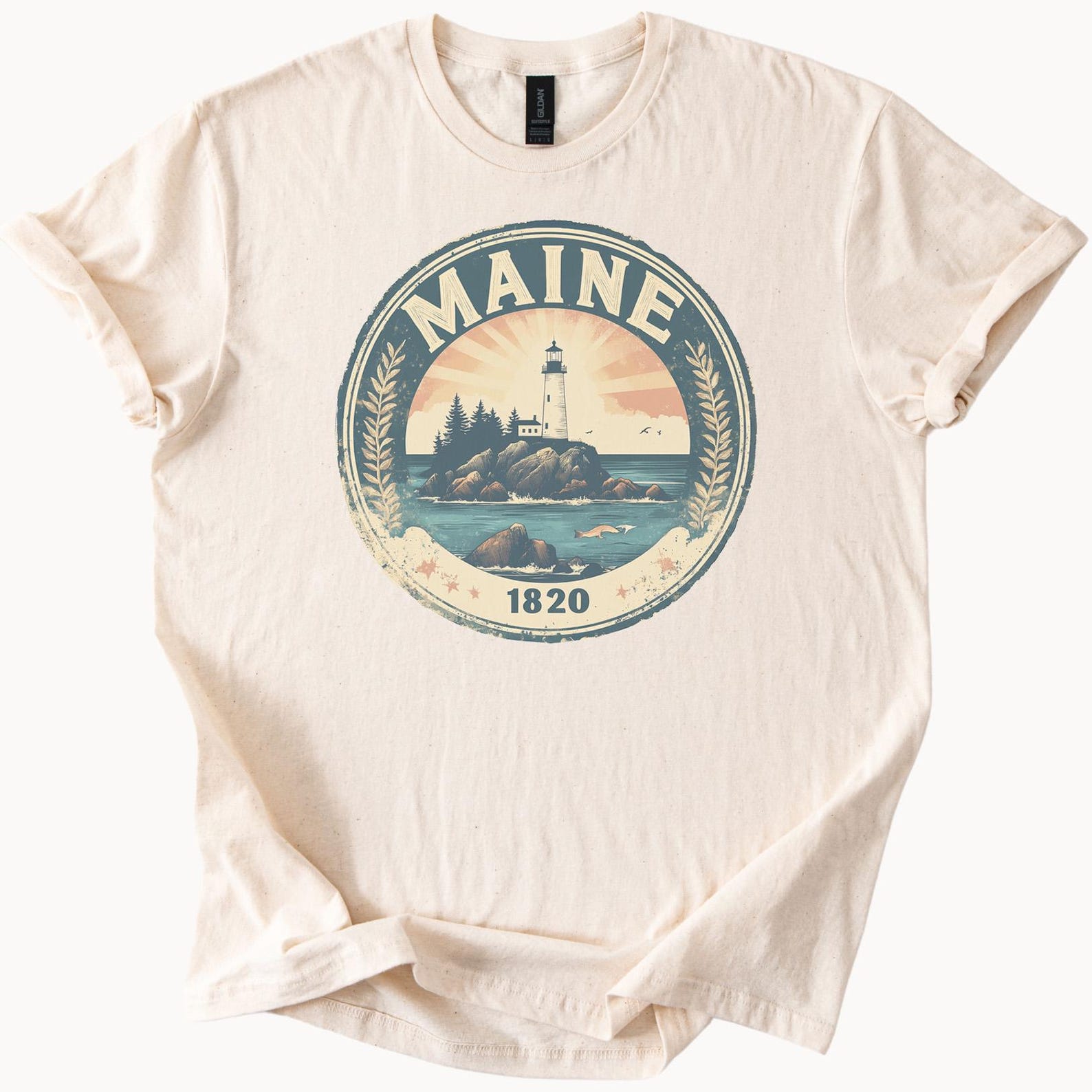 Maine Lighthouse Graphic T Shirt Sunset Ocean Scene Sea Coastal Maine 1820 State Souvenir Shirt for Beach Lovers Casual Outfit Top 100