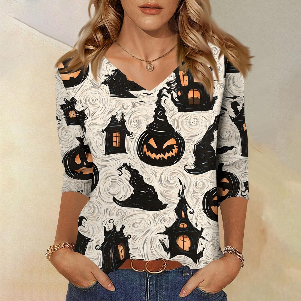Women's Casual Halloween Print V Neck Three Quarter Sleeve Top Lightweight Soft Fabric Comfortable Fit Stylish Fall Shirt