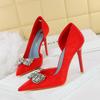 Fashion Elegant Banquet High Heels Thin Heels Shallow Mouth Pointed Toe Metal Buckle Velvet Side Empty Super High Heels Single Shoes