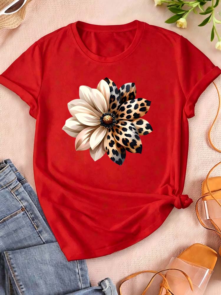 Watercolor Leopard Print Flower Women T-shirt Fashion Graphic Clothing Funny Harajuku T-shirt Female Clothes Tops