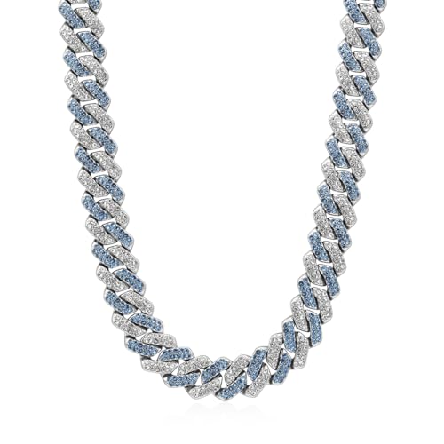 Takeda Jewelry Men's Iced Out Cuban Chain Necklace, Silver and Blue Rhinestones, Wide Chain, Street Style Accessory, 45/50/55cm (55cm)