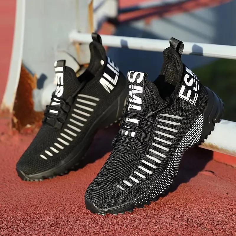 Men Knitted Running Shoes Breathable Cushioned Insoles Adjustable Shoelaces Walking Shoes Comfortable Outdoor Activity Sneakers