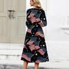 Women's Independence Day Dress - Casual Midi, Round Neck, Three Quarter Sleeves, Ruching Waist, for Spring Fall Parties