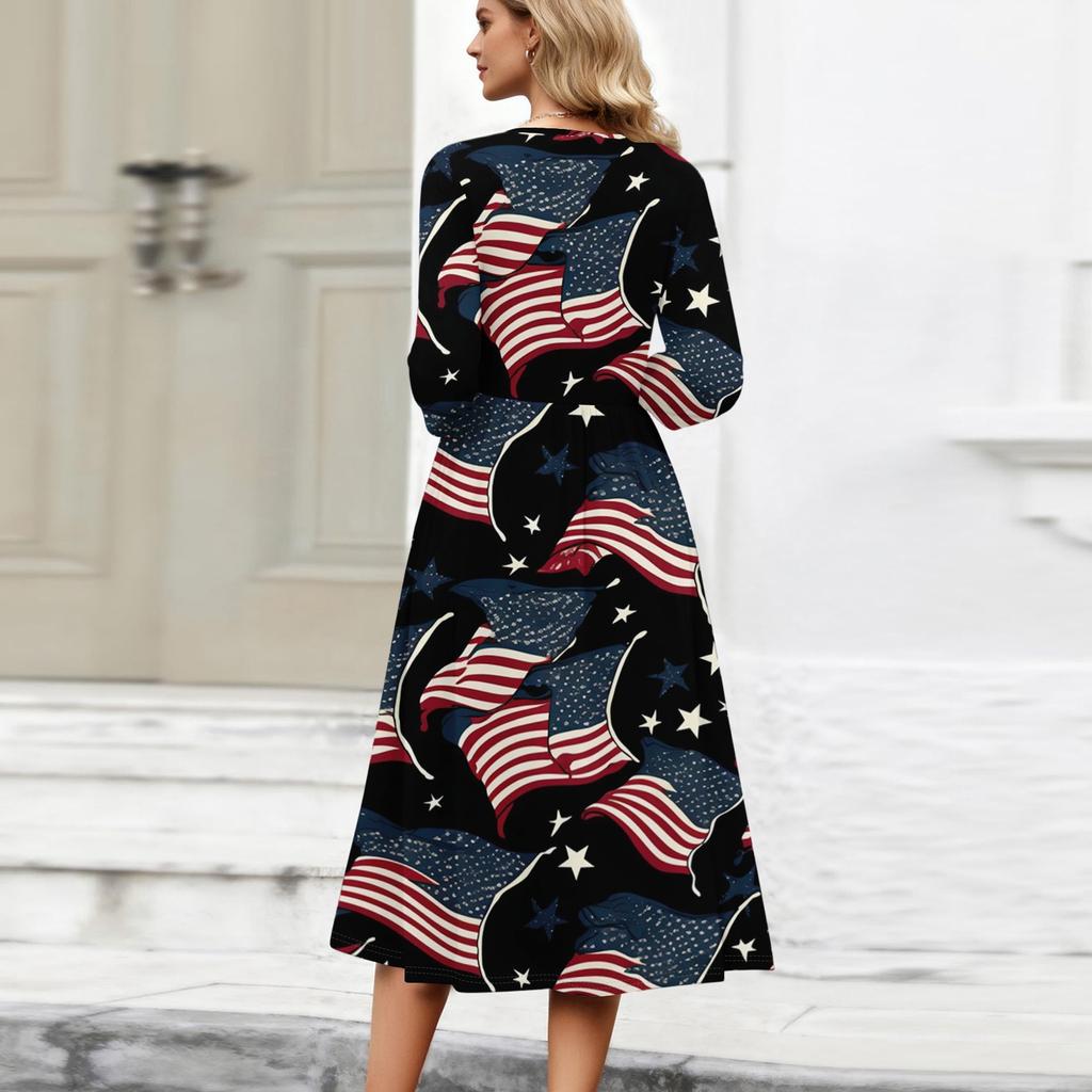 Women's Independence Day Dress - Casual Midi, Round Neck, Three Quarter Sleeves, Ruching Waist, for Spring Fall Parties