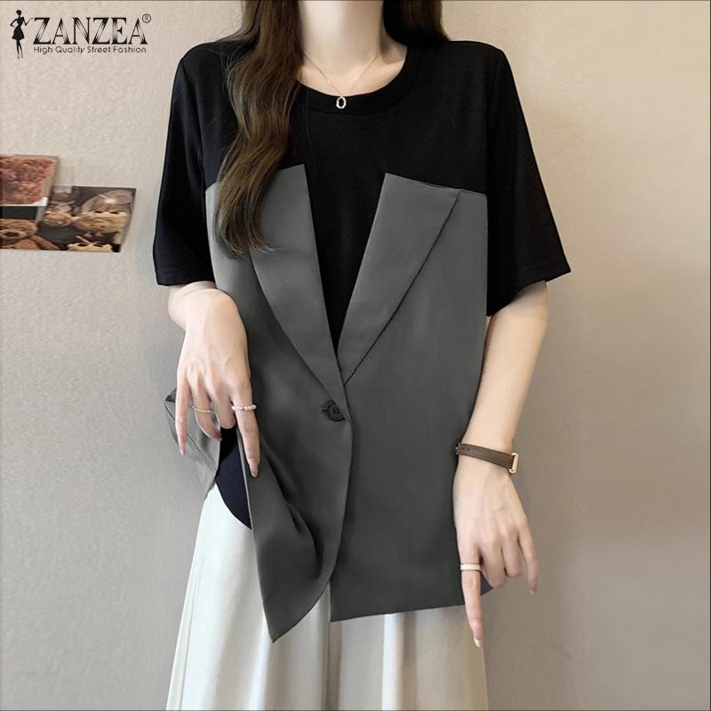 ZANZEA Women Casual Round Neck Summer Short Sleeve Patchwork Blouse