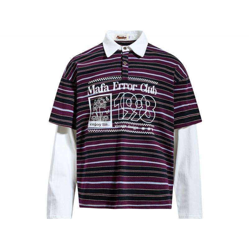 American Vintage Striped Mock Two-Piece Couple Polo Shirts Men Women Long Sleeve College Style