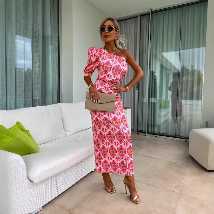 YYFS Women's Fashion Summer Spring 1/2 Sleeves Oblique Collar High Waist Casual Dresses