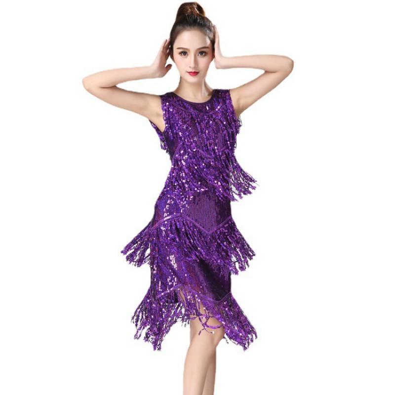Vestido de Baile con Flecos de Lentejuelas Traje de Actuación en Escenario Latino Eventos de Fiesta