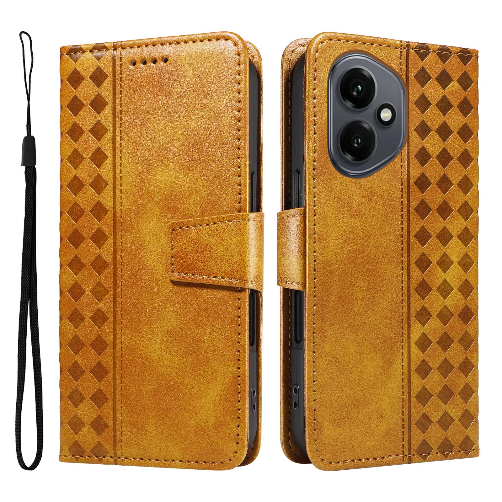 

For Honor 400 5G (Global) Leather Case Wallet Stand Grids Imprinted Phone Cover with Strap Yellow