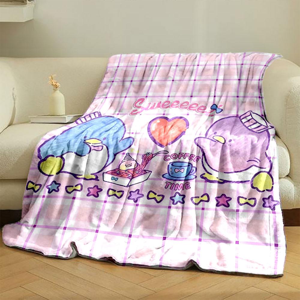 Cute penguins enjoying a meal with a heart motif and pastel checkered backdrop. for all seasons blanket lunch break throw gift