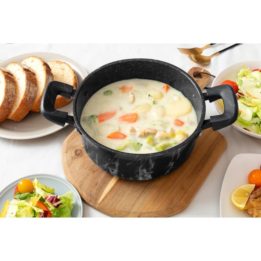 Bestco NX-152 Marble Kitchen 20cm Casserole Saucepan, Black, Marble Pattern, Induction/Gas Cookware