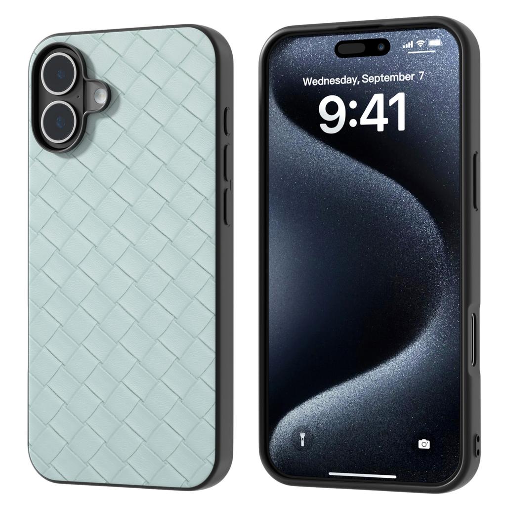 For iPhone 16 Plus Case Woven Texture Leather+PC+TPU Hybrid Phone Cover