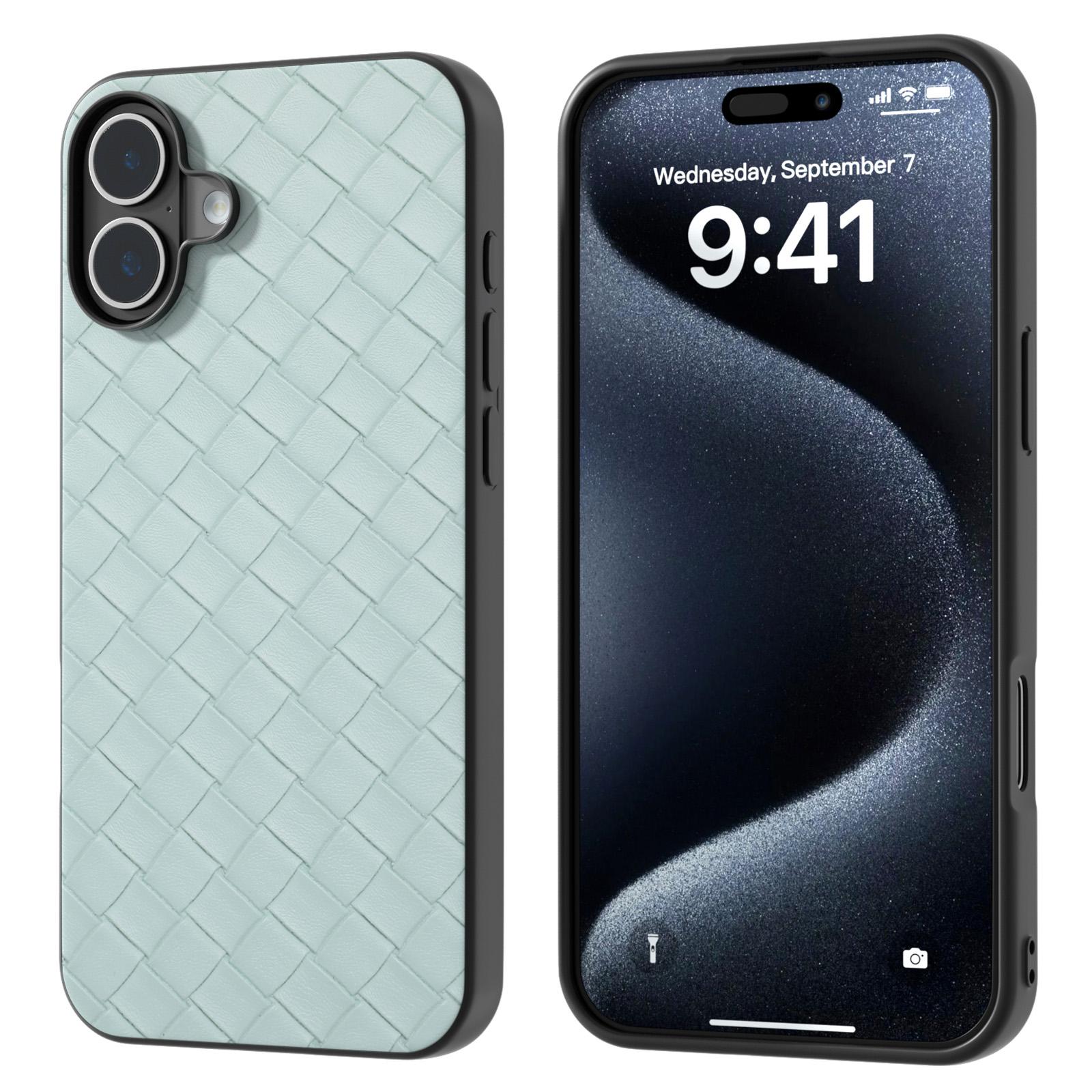 

For iPhone 16 Case Woven Texture PU Leather Coated PC+TPU Mobile Phone Cover H