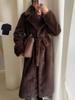 Women's Collar Tied Waist Artificial Wool Long Winter Coat