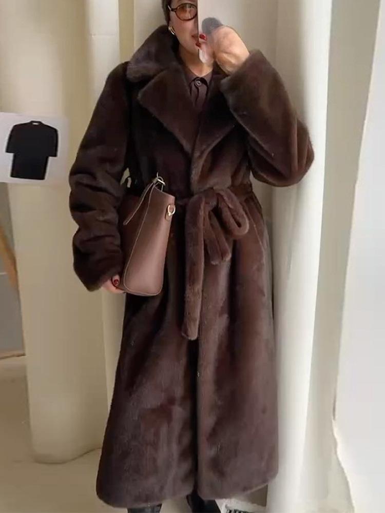 Women's Collar Tied Waist Artificial Wool Long Winter Coat
