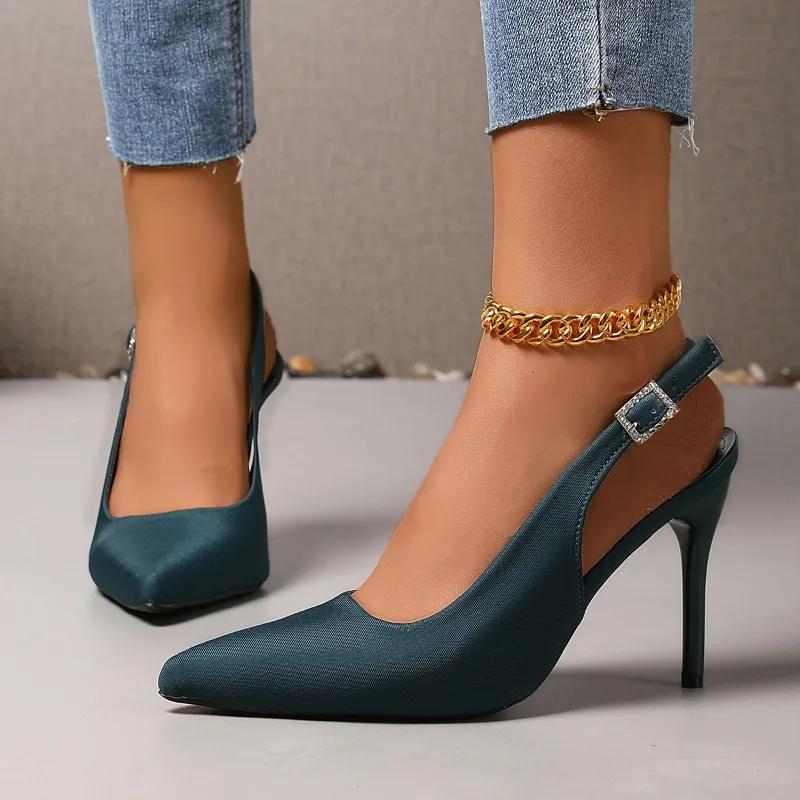 Fashion Size 43 Thin High Heel Sandals for Women Leopard Print Cover Toe Rhinestone Buckle Back Strap Stiletto Banquet Shoe Roman Sandal
