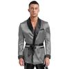 Mens Contrast Smoking Jacket Robe Belt Lapel Long Sleeve Side Pockets Satin Kimono Bathrobe Nightwear Loungewear