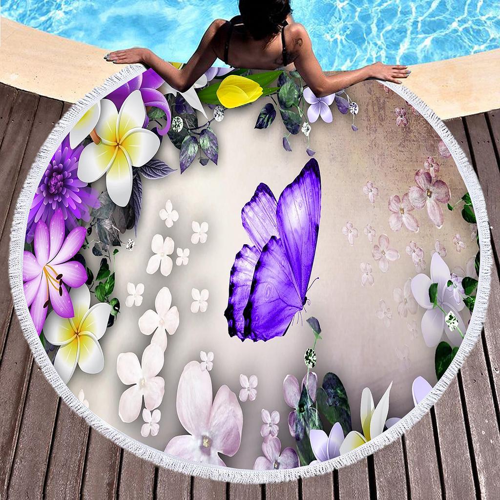 Vintage Floral Round Beach Towel with Tassels, Farmhouse Flower Beach Blanket, Soft Microfiber Yoga Meditation Mat Picnic Rug