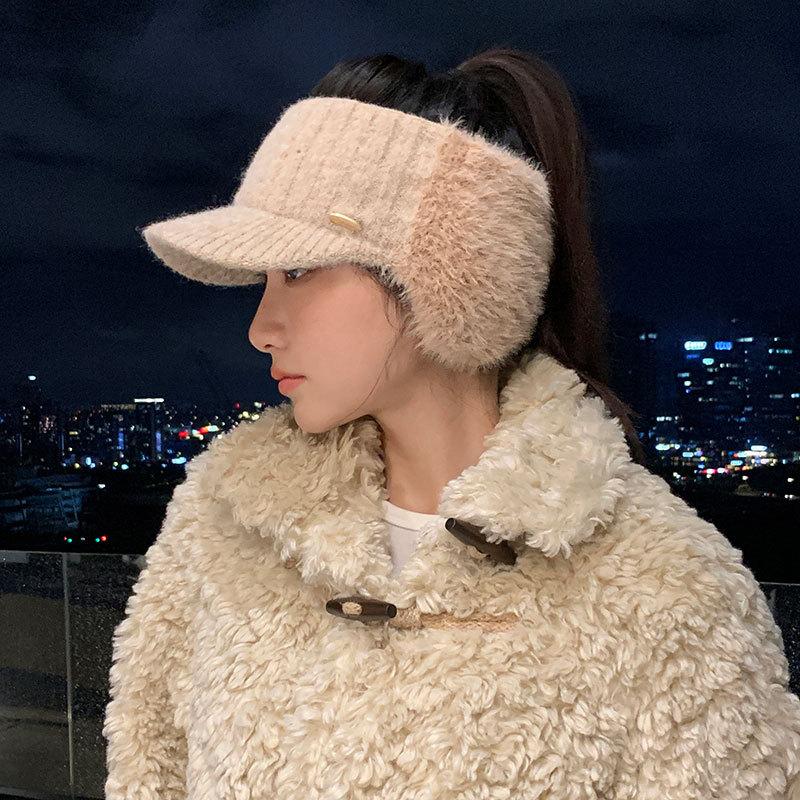 Can tie a ponytail to keep warm, thickened outdoor running, no top cap, empty top wool hat, women's autumn and winter plain and versatile