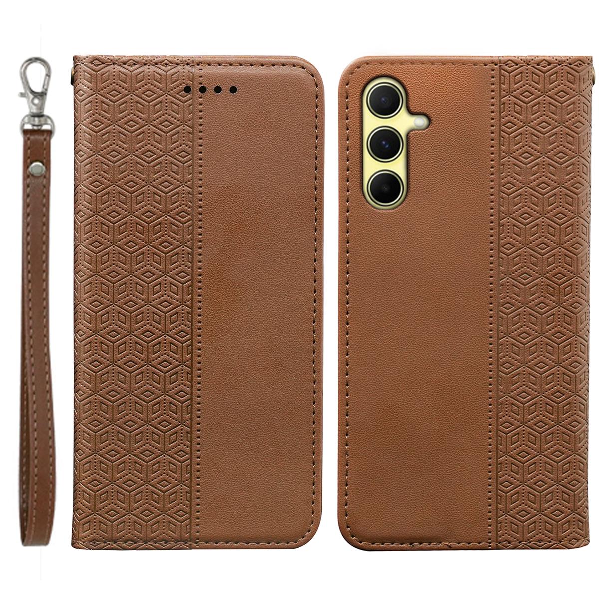 

For Samsung Galaxy S24 Wallet Phone Case Strong Magnetic Checkered Pattern Imprint Leather Flip Cover Brown