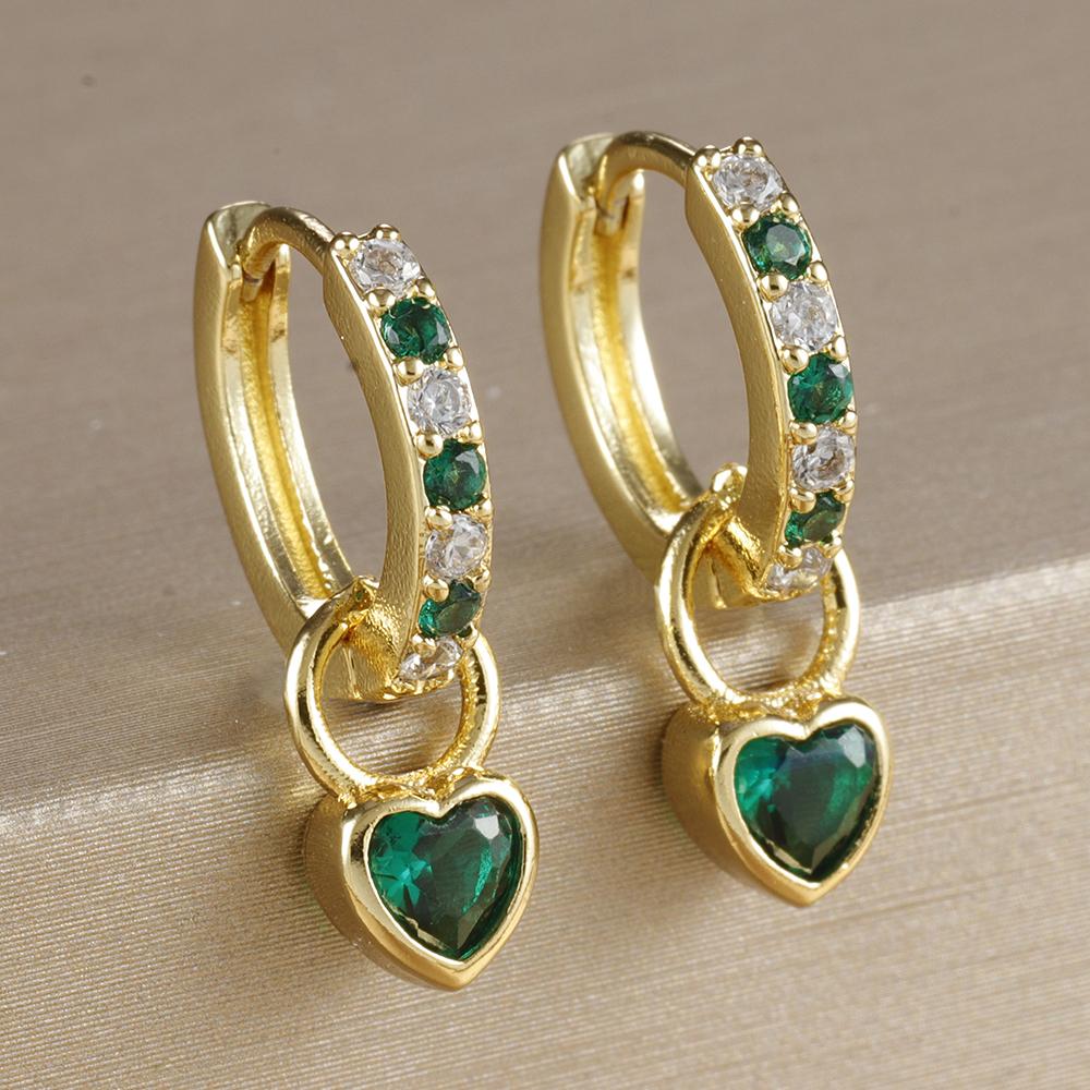2PCS Luxury Colorful Heart Pendant Earrings Exquisite Multicolor Zircon Stainless Steel Hoop Earrings for Women Fashion Jewelry