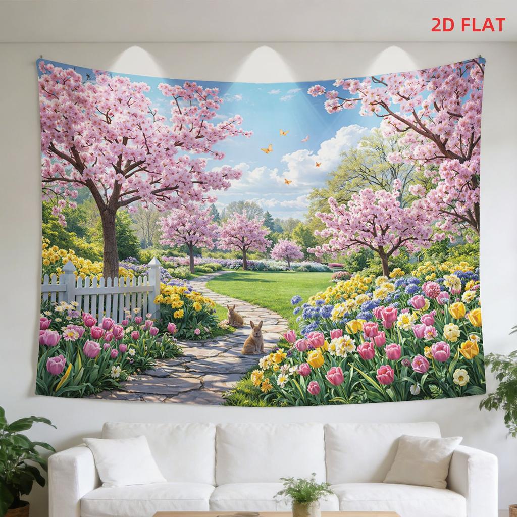 2D plane 1 cherry tree bright flowers sunny garden stone path butterflies. Suitable for living room of the room.