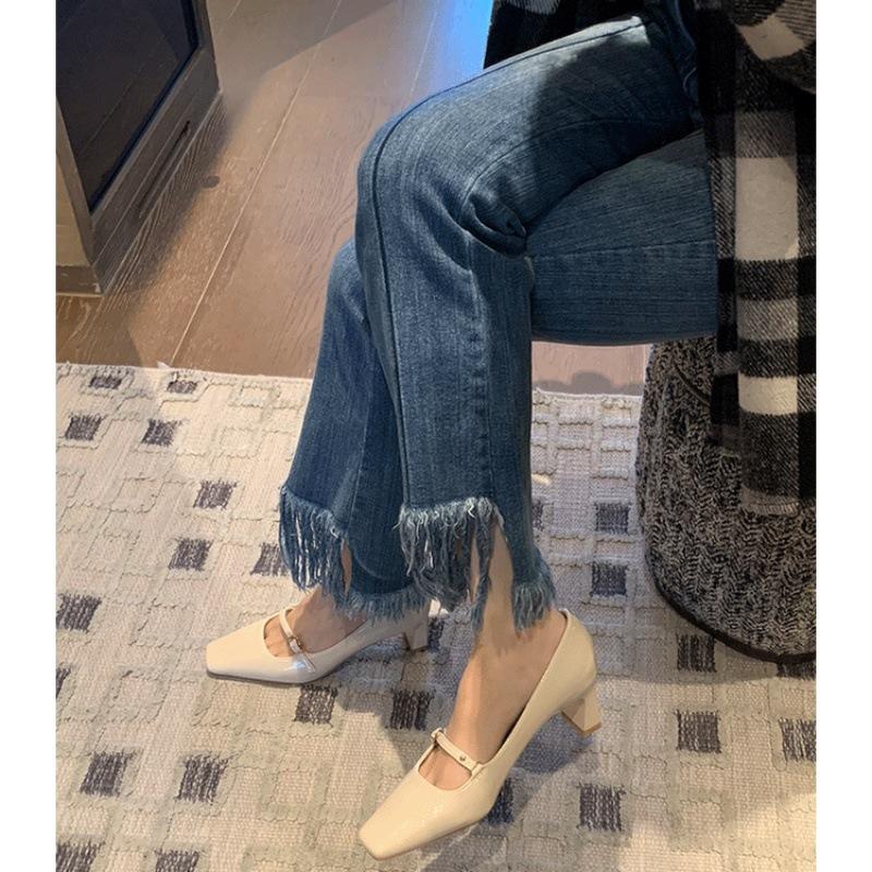 French Square Head One-word Buckle High Heels Women's 2025 New Thick Heel Single Shoes Temperament Shallow Mouth Mary Jane Women's Shoes