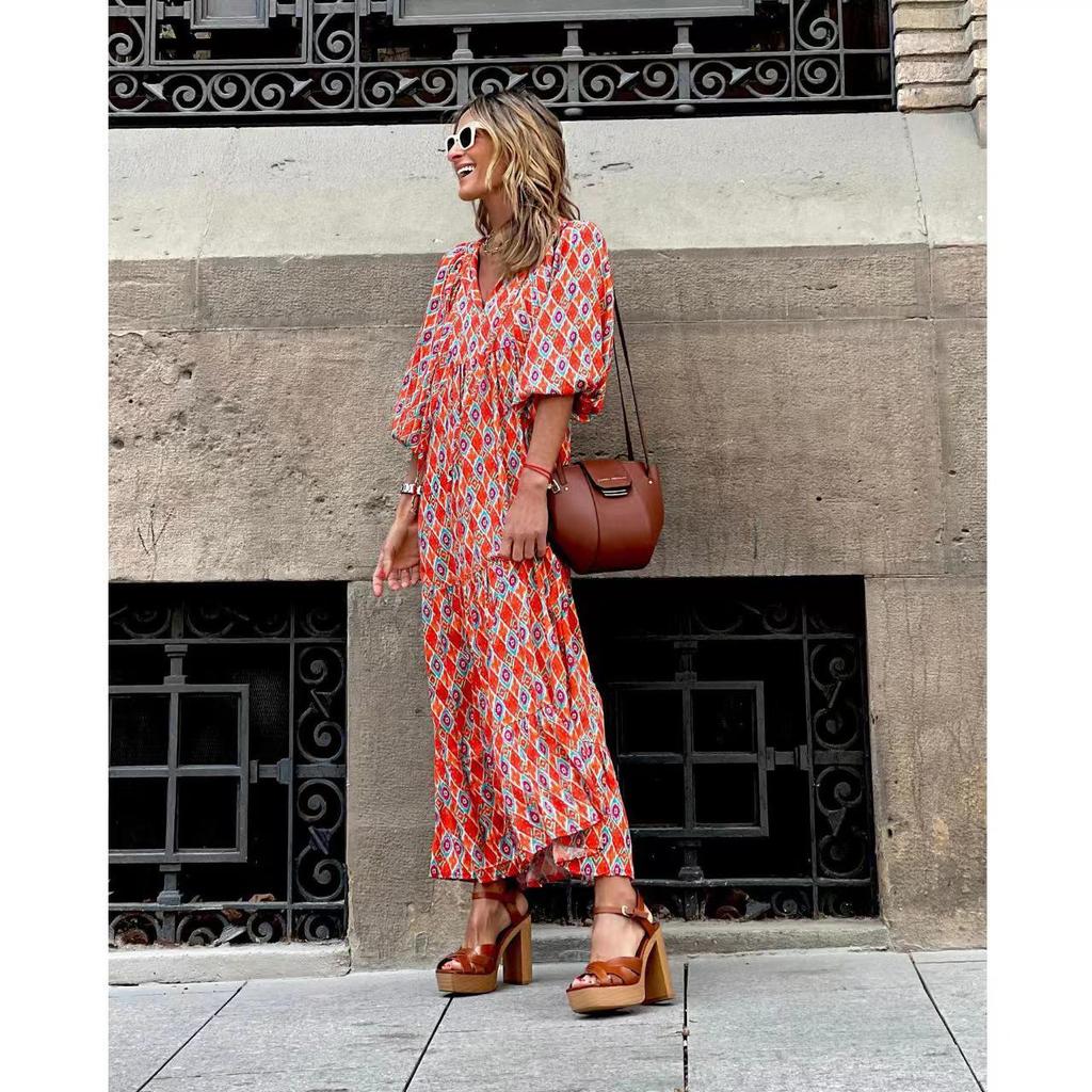 2022 Summer Trendy Geometric Puff Sleeve Dress, Plus Size Women's Fashion.