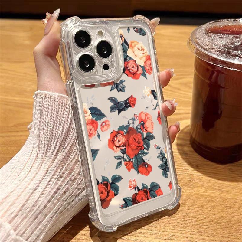 Dla iPhone 16E 16 Pro Max 15 14 Pro 13 12 11 Etui Obudowa Wzór Kwiatowy Przezroczysty Odporne na Wstrząsy Ochrona Obiektywu Miękki Silikon Cienkie Etui na Telefon