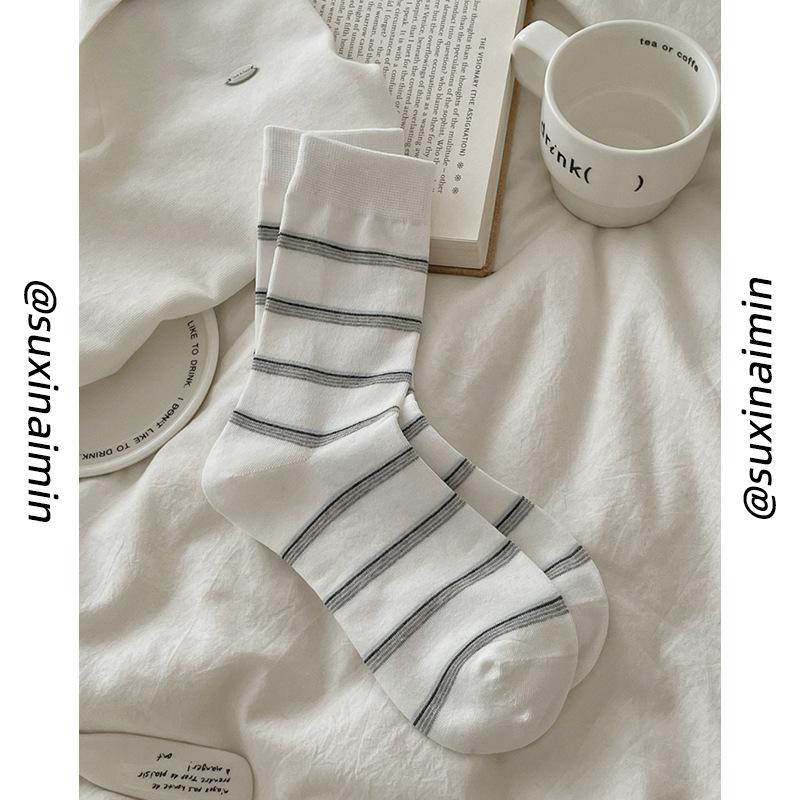 

Gray socks women s mid tube socks spring and summer thin ins tide Internet celebrity versatile pinstripe stacking socks One size fits all белый