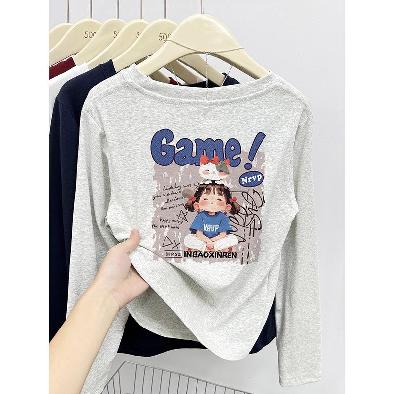 

Autumn Korean Petite Print Casual Long Sleeve Top S білий/сірий колір