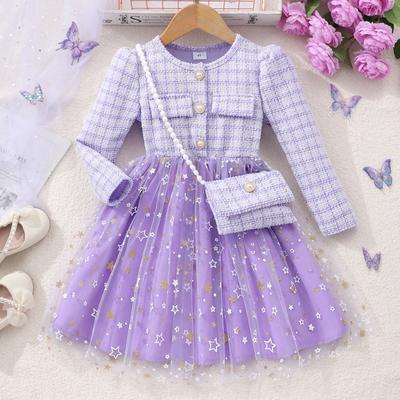 Girls Fashion Star Gauze Dress with Small Bag Spring Summer Children's Casual Dress