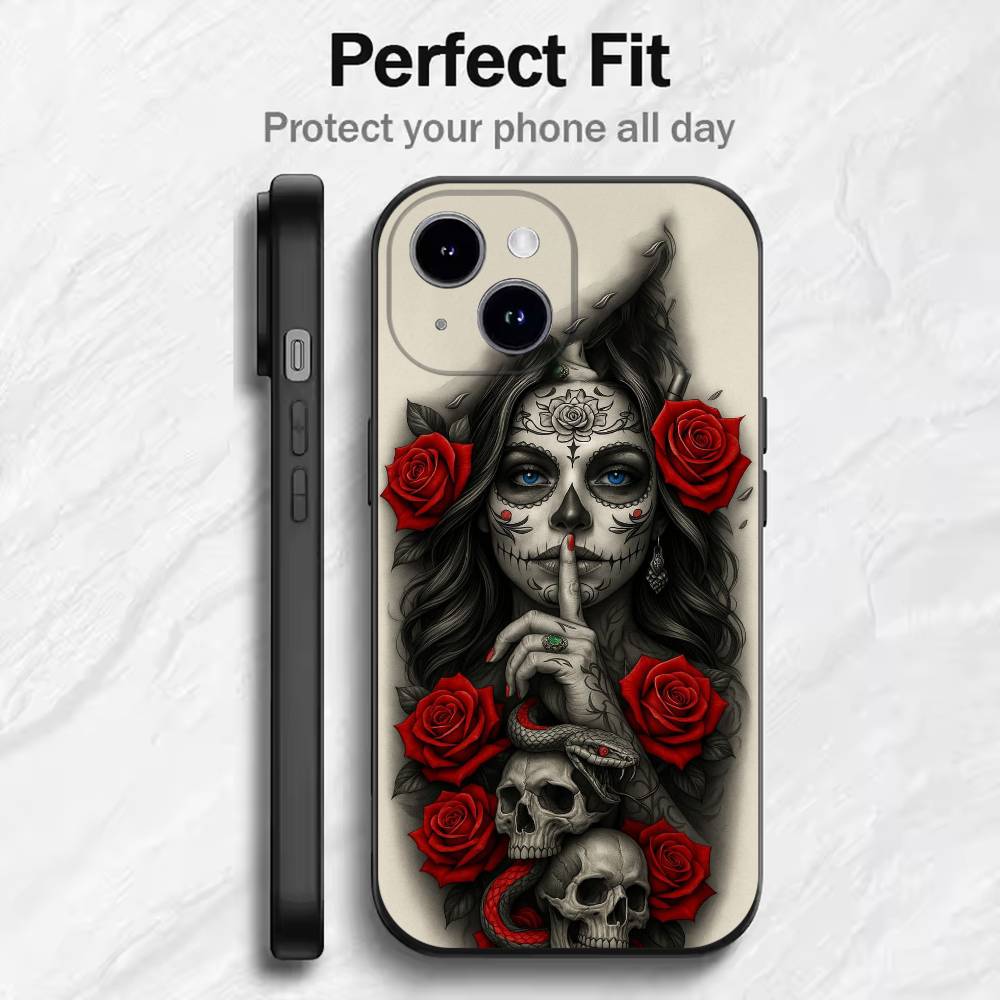 

Catrina Skull Girl Mexican Phone Case For 17 16 15 14 13 12 11 Mini XS XR X 6S 6 Pro Max Plus Black Soft Cover iPhone14