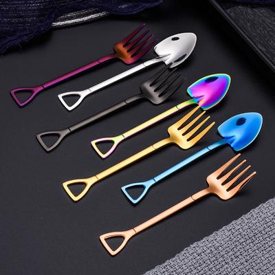 1PC Creative Food-Grade Stainless Steel Coffee Ice Cream Spoons Shovel Shape Multi-Color Long Handle Fork Teaspoons Kitchen Tool