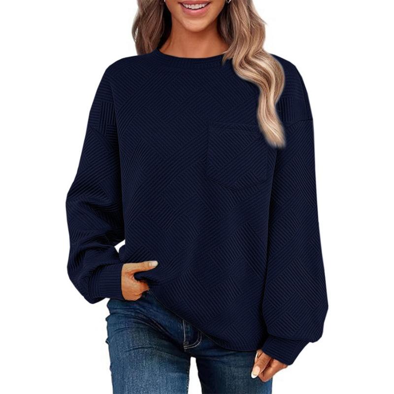 Autumn Winter Round Neck Solid Loose Casual Sweatshirt Women Long Sleeve Pocket Simple All-match Pullover Top