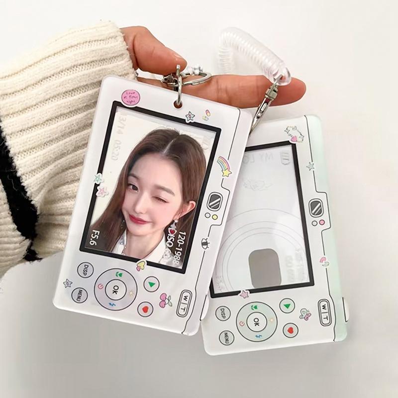 3 Inch Acrylic Camera Shape Kpop Photocard Holder with Keychain Idol Photo Card Display Case Bag Pendant School Stationery