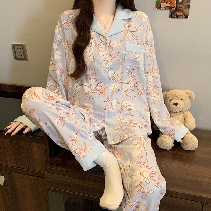 Cloud Cotton Korean Style Striped Plaid Pajama Set: Long Sleeve Cardigan & Pants for Indoor/Outdoor Wear, Real Shot.