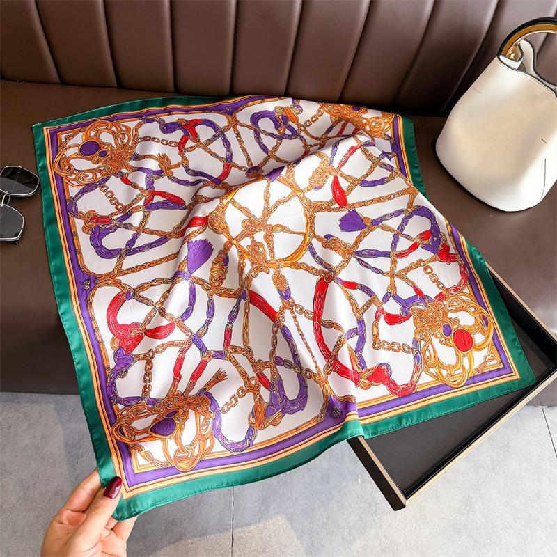 Luxury Vintage Printed Silk Like Square Scarf For Women