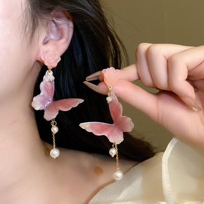 Pink Resin Flower Butterfly Pearl Fringed Earrings Fashion Stud Earrings Light Luxury High Temperament Earrings Women