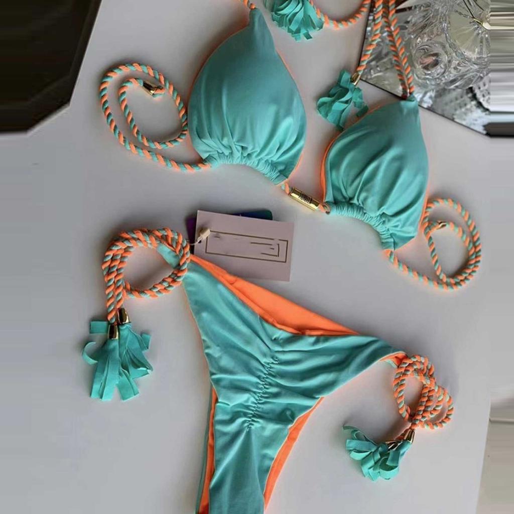 Two Piece Bikini Swimsuit Set Triangle Top with Adjustable Rope Straps and Low Rise Bottoms for Women Beachwear Swimwear